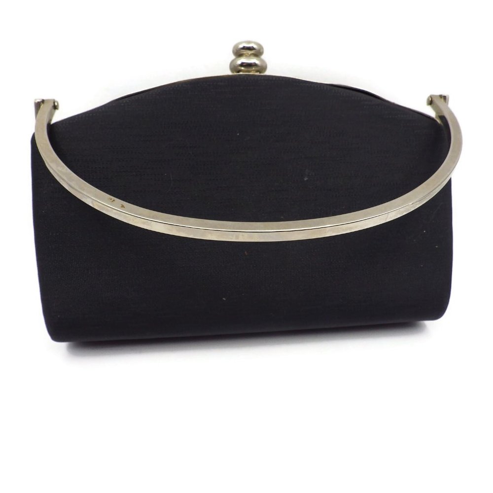 Sasha Black Evening Bag/ Suitcase Style/ Metal Handle/ "Jeweled Clasp"